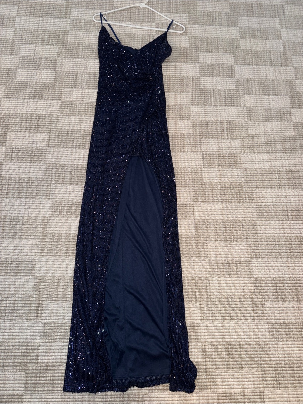 Windsor Navy Sequin Spaghetti Strap Slit Gown